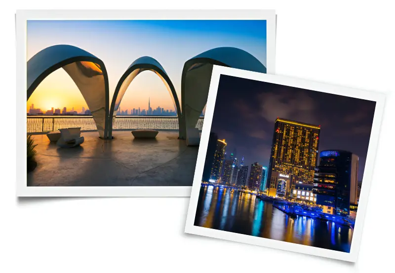 of dubaï creek at sunset and night